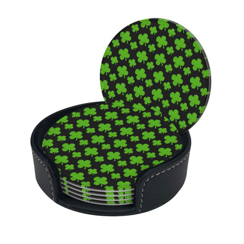Round Coaster Set of 6 with Holder St-Patricks-Shamrock-Clover Leather Coasters for Drinks