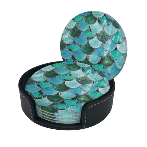 Round Coaster Set of 6 with Holder Blue-Mermaid-Tail-Vintage Leather Coasters for Drinks