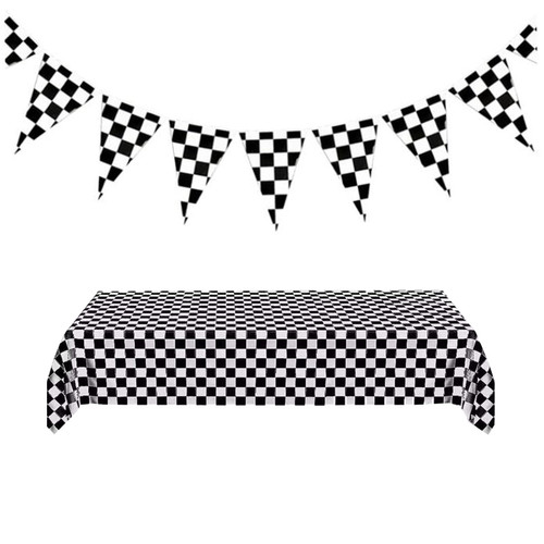 LYT Checkered Race Car Party Supplies Include Checkered Race Banner Checkered Table Cover Tablecloth for Kid's Checkered Racing Birthdays Party Decorations