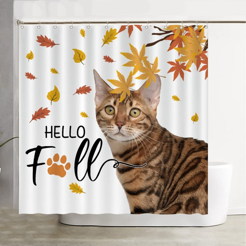 COVOME Hello Fall Cat Maple Leaves Thanksgiving Shower Curtains Autumn Farmhouse Autumn Leaves Mens Shower Curtain Polyester Fabric with 12 Plastic Hooks 72 X 72 Inches Bathroom Curtain Decor