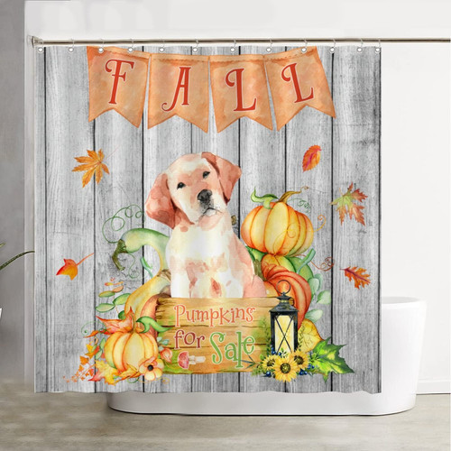 Pumpkins for Sale Shower Curtains Fall Dog Sunflower Pumpkins Maple Thanksgiving Shower Curtin Fabric Waterproof with Hooks 72 X 72 Bathroom Water Repellent Shower Curtain Set Bathtubs Hotel