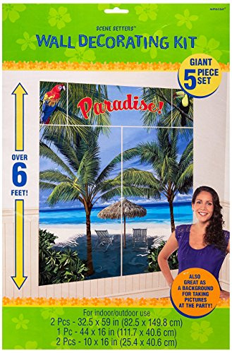 Hawaiian Summer Luau Beach Front & Palm Trees Scene Setter Kit, 5 Pieces, Made from Vinyl, Multicolor, 65" x 59" by Amscan