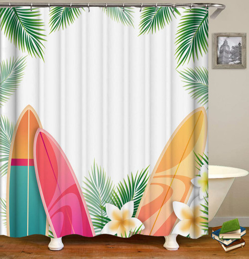 Beach Palm Leaf Shower Curtains for Bathroom, Summer Surf Nautical Surfing Surfboard Tropical Colorful Surfboard Bath Curtain 72 x 72 Inch Polyester Fabric for Bathroom Curtain Set with 12 Hooks