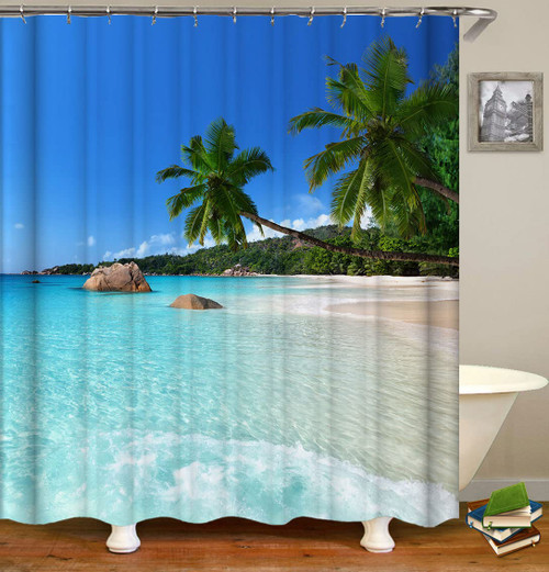 Shower Curtains, Summer Beach Blue Sky White Clouds Palm Trees Natural Scenery Bath Curtain 72 x 72 Inch Polyester Fabric for Bathroom Curtain Set with 12 Hooks