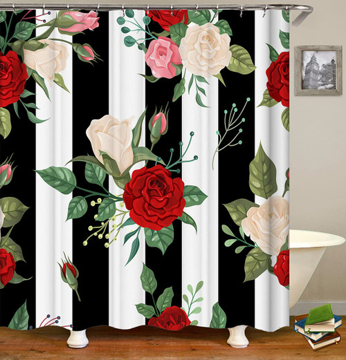 Fabric Shower Curtain,Red Pink Floral Rose Flower Black and White Stripes Pattern Polyester Designer Cloth, Print Decorative Bathroom Curtains Include Hooks Set(72?w by 72?L) (WJ98)