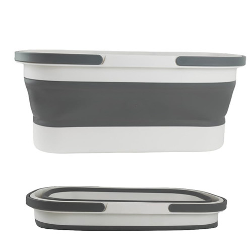 Large Collapsible Plastic Bucket with Wheels 12L (3.17 Gallon), Foldable Mop Bucket Laundry Basket with Handle, for House Cleaning, Camping - Multi-Purpose Rectangular Basket for Cleaning Mop (Grey)
