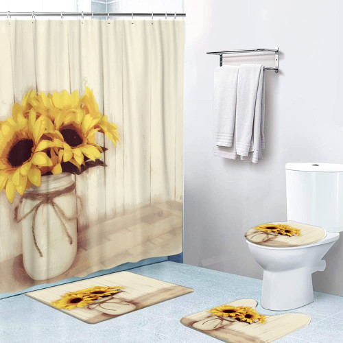 LOKMU 4 Pcs Shower Curtain Sets with Non-Slip Rugs, Toilet Lid Cover and Bath Mat,Rustic Country Sunflowers Waterproof Shower Curtain with 12 Hooks, Bathroom Decor Sets, 72" x 72"