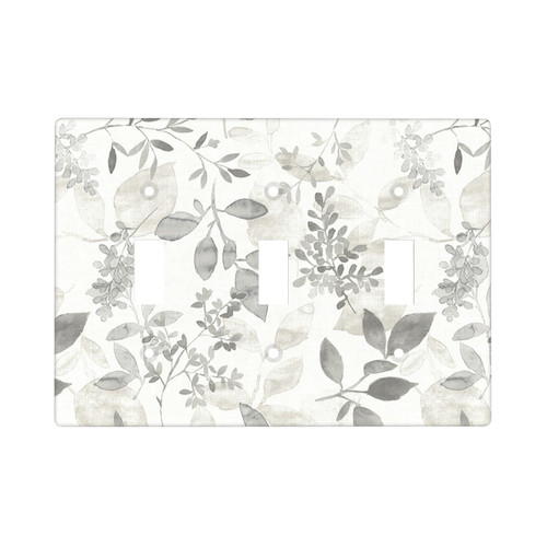 Grey Floral Leaves Triple Light Switch Cover Decorative Wall Plates 3 Gang Toggle Switch Plate Covers for Bathroom Bedroom, Standard Size 4.50 x 6.38 Inch