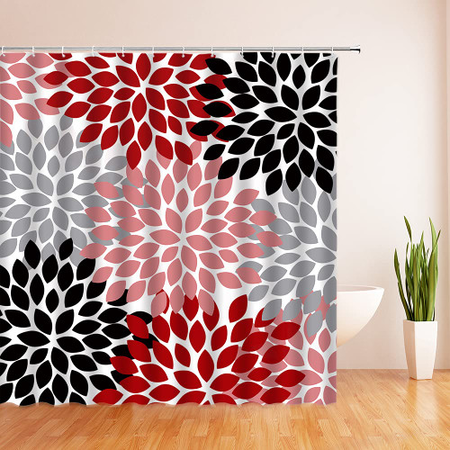 YSATNSFT Dahlia Pinnata Floral Shower Curtain Black Red Coral Pink Gray Flower Pattern Print Home Fabric Bathroom Decor Set with Hooks,(70" WX70 H)