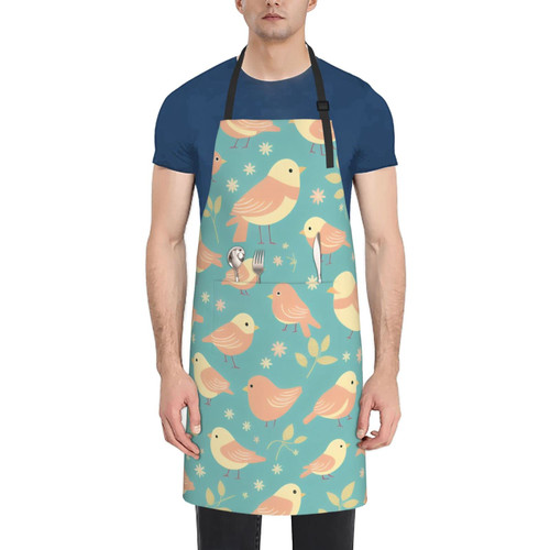 Birds Pattern Apron With Pockets Adjustable Neck Strap Apron For Women And Men Kitchen Cooking And Grill