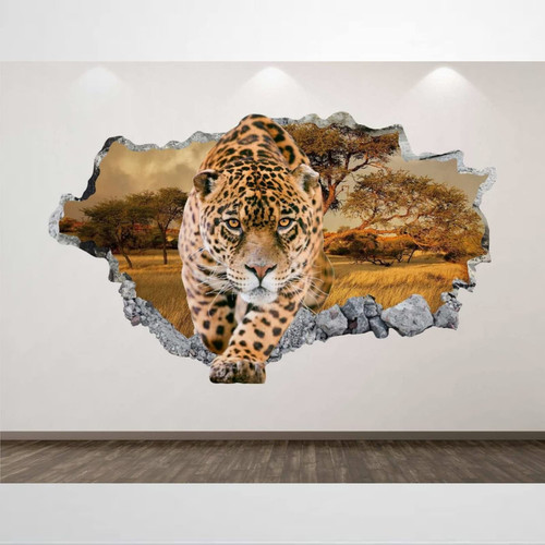 Cheetah Wall Decal Animal Leopard 3D Smashed Wall Art Sticker Kids Room Decor Smashed Wall Art Removable Poster Vinyl decals For Bedroom Living Room Playroom Nursery Office Shop,32'' dq394