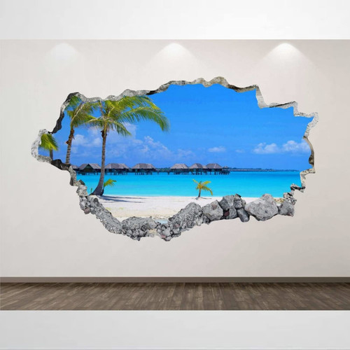 Beach Wall Decal Summer Palms 3D Smashed Wall Art Sticker Kids Room Decor Smashed Wall Art Removable Poster Vinyl decals For Bedroom Living Room Playroom Nursery Office Shop,32'' dq394
