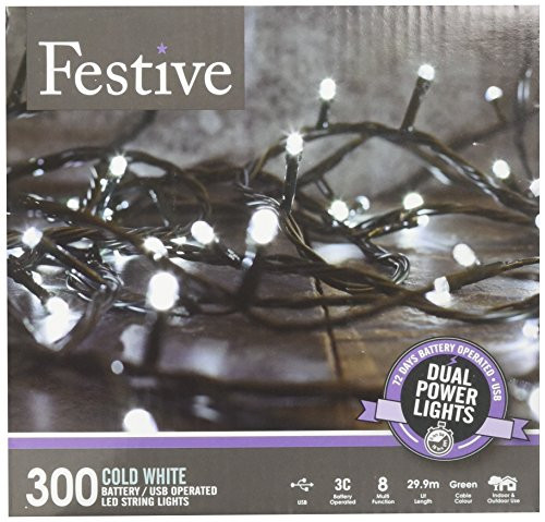Festive Christmas String Lights, Battery Operated Timer LED, White, 300 bulbs