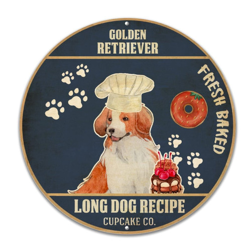 Bomehhjuli Welcome Sign for Front Porch Golden Retriever Tin Sign Baker Cupcake Co Long Dog Recipe Metal Wall Art Funny Cooking 12in Antique Plaque Tin Sign for Home Kitchen Bathroom Man Cave