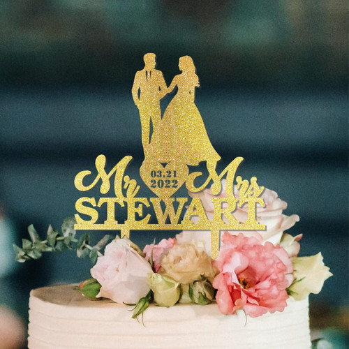 Mr And Mrs Cake Toppers Bride And Groom Hold Hands Silhouette Wedding Cake Topper Arrow Reception Custom Est Date Last Name Glitter Wood Cake Toppers Suitable For Man Woman Happy Wedding Anniversary