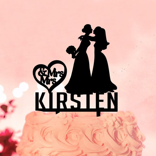 Mrs & Mrs Wedding Cake Toppers Customize Family Name & Date Silhouette Bride And Bride Cake Toppers 2 Women Wedding Party Favors Lesbian Wedding Engagement Gifts Acrylic Black