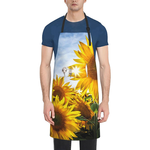 BONDIJ Apron with 2 Pockets for Women Men, Adjustable Neck garden Apron, Waterproof Sky sunflower Bib Aprons for Chef Kitchen Cooking Bbq Grilling