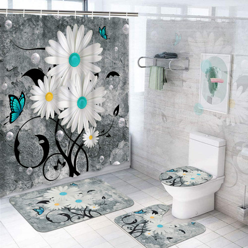 Ikfashoni 4 Pcs Floral Butterfly Shower Curtain Set with Rugs, Toilet Lid Cover Bath Mat, White Daisy Shower Curtain with 12 Hooks, Fabric Farmhouse Rustic Shower Curtain for Bathroom