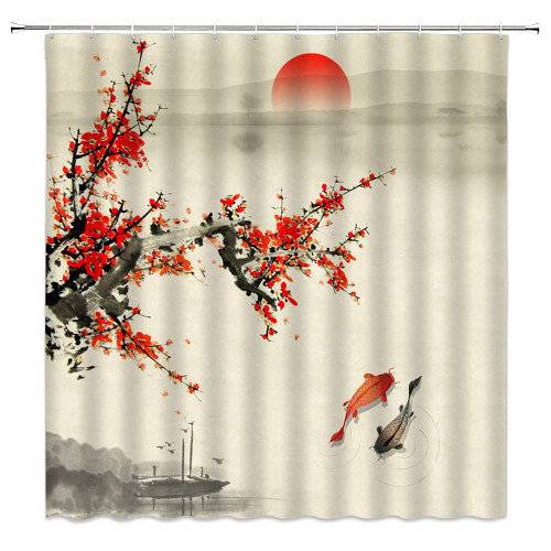 Asian Shower Curtain Plum Blossom Red SunTrees Branch Koi Fish Lake Tradition Antique Japanese Oriental Ink Painting Art Abstract Natural Landscape Fabric Bathroom Decor Set with Hooks(70"WX70"H)