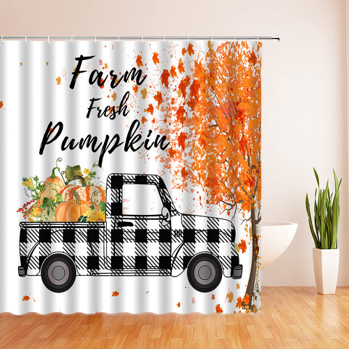 Fall Pumpkin Shower Curtain Vintage Farm Truck Orange Maple Leaves Black White Buffalo Check Autumn Tree Retro Car Plaid Rustic Farmhouse Harvest Decor Fabric Bathroom Curtain with Hooks