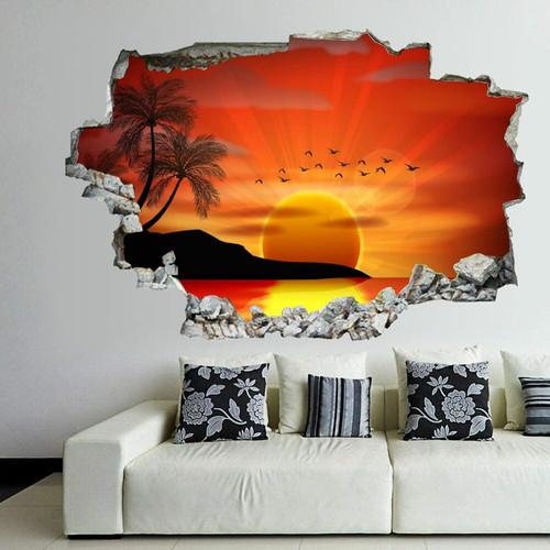 godblessign Sea Vector Graphics Sunrise Seagull Palm Tree Island Wall Decal Landscape 3D Break Through Sticker Removable Funny Art Christmas Home Decor Vinyl Mural for Boy Kids Room, 36inx24in
