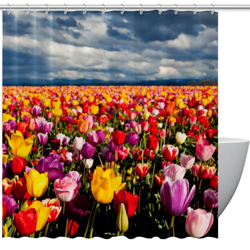 VAPOKF Shower Curtain for Bathroom Decor, Colorful Field Flower Tulip Waterproof Polyester Fabric Bath Curtain Set with 12 Hooks - 72x72 Inches