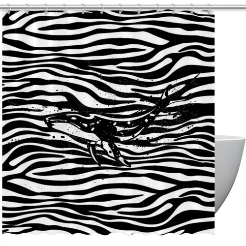 VAPOKF Shower Curtain for Bathroom Decor, Black Whale on Zebra Prints Waterproof Polyester Fabric Bath Curtain Set with 12 Hooks - 72x72 Inches