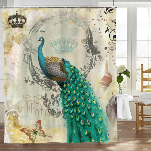 Eiffecho Vintage Peacock Shower Curtain Farmhouse Peacock Crown Animal Butterfly Bathroom Bath Tub Decor Shower Curtain Fabric Polyester Waterproof with Plastic Hooks 60x72in