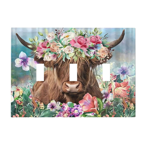 Abstract Flower Cow Light Switch Cover Decorative 3 Gang Triple Toggle Wall Plate for Electrical Kitchen Room Bedroom Bathroom Standard Size Faceplate 4.8 X 6.7 In