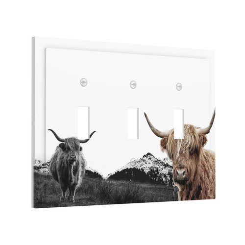 Rustic Bull Western Highland Cow 3 Gang Light Switch Cover Decorative Triple Toggle Wall Plate Home Switchplate Electrical Faceplate for Bathroom Kitchen Decor
