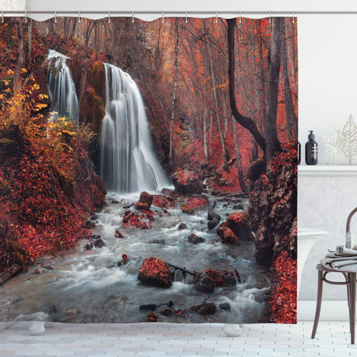 Ambesonne Waterfall Shower Curtain, Waterfall and Autumn Forest Grey Stream Fall Nature in Crimea, Cloth Fabric Bathroom Decor Set with Hooks, 69" W x 75" L, Brown Paprika