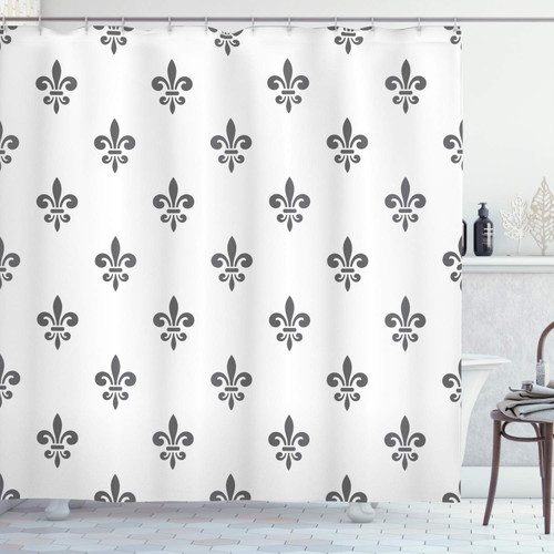 Ambesonne Fleur De Lis Shower Curtain, A Fleur-de-Lis Royal Lily in Simple Old Style and Ornated with Antiquity of Abstract Pattern, Cloth Fabric Bathroom Set with Hooks, 69" W x 70" L, Grey White