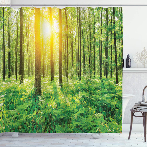 Ambesonne Woodland Shower Curtain, Forest Springtime Freshness Theme Foliage Sunbeams Sunrise Nature View Scene, Cloth Fabric Bathroom Decor Set with Hooks, 69" W x 84" L, Green Yellow