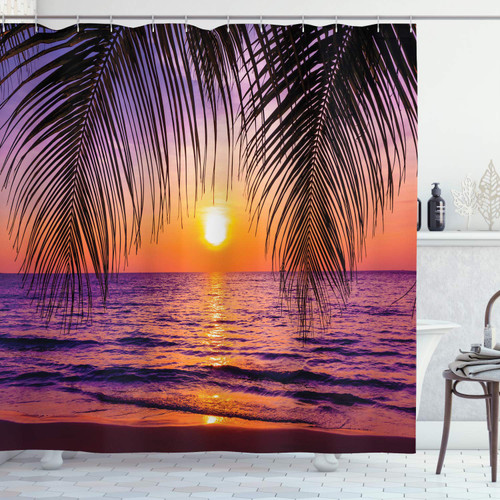 Ambesonne Tropical Shower Curtain, Sunset Over The Ocean with Tropical Palm Trees Twilight Sundown Scenery, Cloth Fabric Bathroom Decor Set with Hooks, 69" W x 75" L, Orange Purple