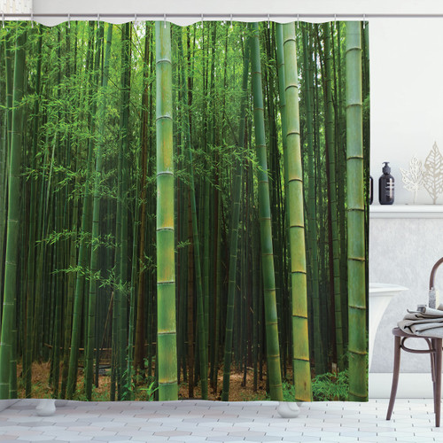 Ambesonne Bamboo Print Shower Curtain, Picture of a Forest Exotic Fresh Jungle Vision Tall Shoots Tropic Art, Cloth Fabric Bathroom Decor Set with Hooks, 69" W x 75" L, Green