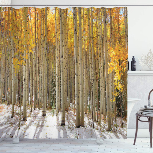 Ambesonne Forest Shower Curtain, Aspen Trees with Warm Leaves in Snow Forest in Early Winter Time Landscape, Cloth Fabric Bathroom Decor Set with Hooks, 69" W x 75" L, Orange White
