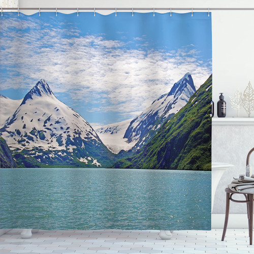 Ambesonne Landscape Shower Curtain, Mountain and Lake in Anchorage Alaska Springtime Sunny Day Scenic Picture, Cloth Fabric Bathroom Decor Set with Hooks, 69" W x 75" L, White Green Ambesonne Landscape Shower Curtain, Mountain and Lake in Anchorage Alaska Springtime Sunny Day Scenic Picture, Cloth Fabric Bathroom Decor Set with Hooks, 69" W x 75" L, White Green