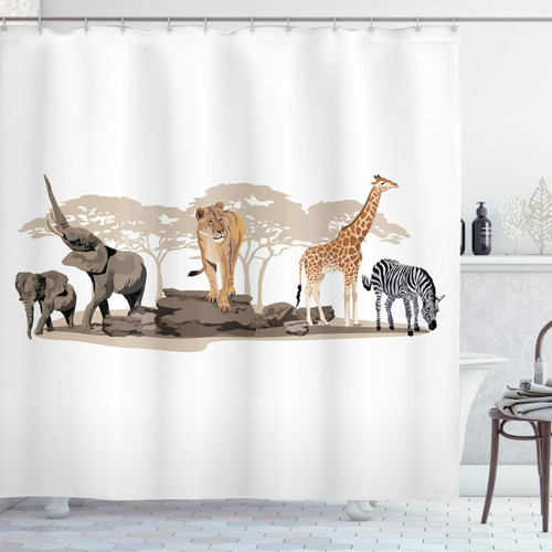 Ambesonne Savannah Shower Curtain, Cartoon Illustration of Wild Savannahs Animals Exotic Giraffe Lion Zebra Print, Cloth Fabric Bathroom Decor Set with Hooks, 69" W x 70" L, Brown Beige