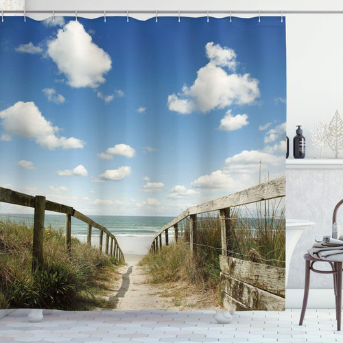 Ambesonne Beach Shower Curtain, Sandy Path Leads to Ocean Pacific Puffy Clouds Vacation Serene Relaxing Beach, Cloth Fabric Bathroom Decor Set with Hooks, 69" W x 70" L, White Cream