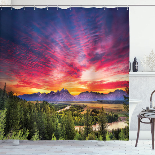 Ambesonne Landscape Shower Curtain, Colorful Skyline with Clouds in The Forest Lake River Mountain Landscape Sunburst, Cloth Fabric Bathroom Decor Set with Hooks, 69" W x 70" L, Hot Pink