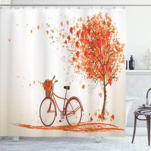 Ambesonne Bicycle Shower Curtain, Autumn Tree Aged Old Bike November Day Fall Season Park Nature Theme, Cloth Fabric Bathroom Decor Set with Hooks, 69" W x 84" L, Orange