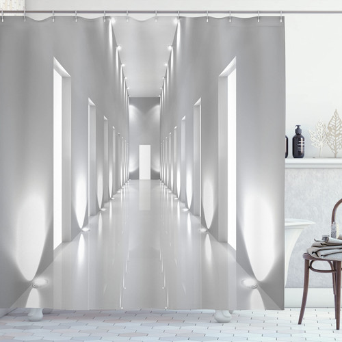 Ambesonne Modern Shower Curtain, Pattern of a Long Corridor in a Modern Office Building with a Contemporary Artwork, Cloth Fabric Bathroom Decor Set with Hooks, 69" W x 84" L, White Grey Ambesonne Modern Shower Curtain, Pattern of a Long Corridor in a Modern Office Building with a Contemporary Artwork, Cloth Fabric Bathroom Decor Set with Hooks, 69" W x 84" L, White Grey