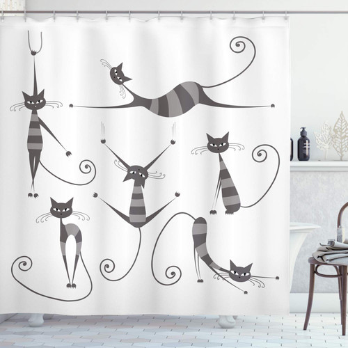 Ambesonne Cat Shower Curtain, Furry Skinny Striped Cats in Several Funny Body Postures Whiskers Feline Paws Art Image, Cloth Fabric Bathroom Decor Set with Hooks, 69" W x 75" L, Dimgray