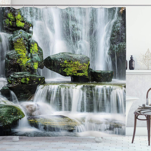 Ambesonne Waterfall Shower Curtain, Majestic River Blocked Massive Rocks Moss on Them Photo, Cloth Fabric Bathroom Decor Set with Hooks, 69" W x 75" L, Green Black and White