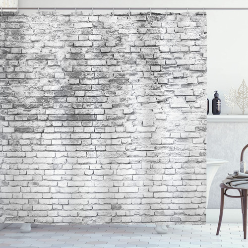 Ambesonne Brick Wall Shower Curtain, Worn and Cracked Grunge Stained Brick Wall Masonry Architecture Image Print, Cloth Fabric Bathroom Decor Set with Hooks, 69" W x 84" L, White Grey