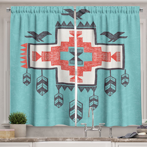 Ambesonne Tribal Kitchen Curtains, Hand Drawn Dreamcathcher Folkloric Birds Image, Window Drapes 2 Panel Set for Kitchen Cafe Decor, 55" X 39", Teal Coral