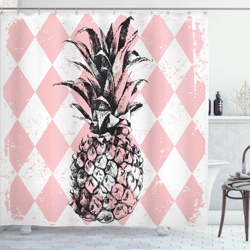Ambesonne Trippy Shower Curtain, Grunge Sketchy Pineapple on Rhombus Pattern Modern Print, Cloth Fabric Bathroom Decor Set with Hooks, 69" W x 84" L, Black Pink