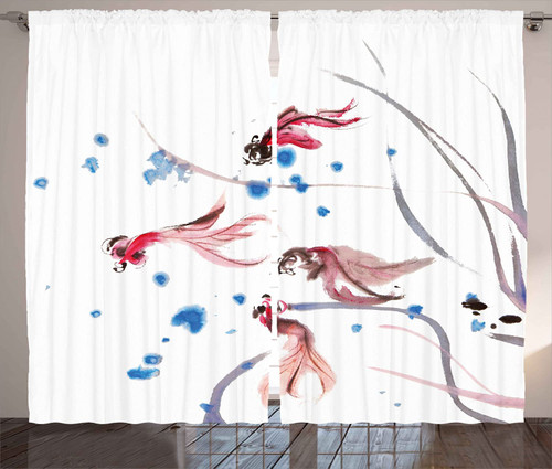 Ambesonne Ethnic Curtains, Chinese Traditional Ink Painting Koi Fish Art, Living Room Bedroom Window Drapes 2 Panel Set, 108" X 84", Blue Red