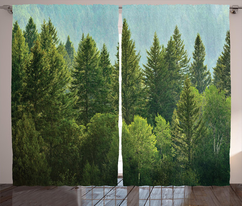 Ambesonne Nature Curtains, Forest Pine Tree Tops Scenery of Refreshing Eco Woodland Wilderness Mountainside Landscape Outdoorsy Print, Living Room Bedroom Window Drapes 2 Panel Set, 108" X 63", Green