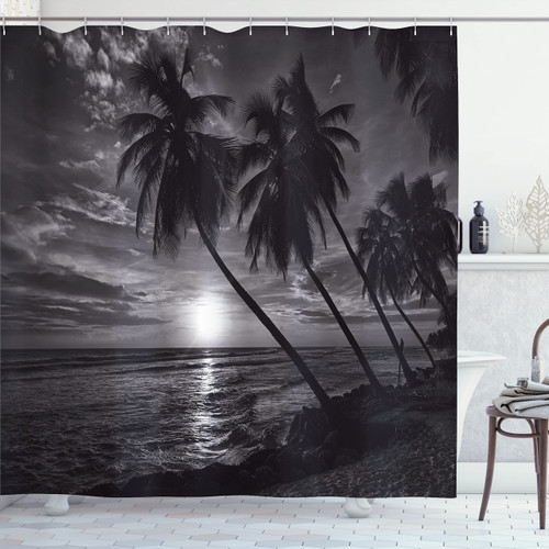 Ambesonne Tropical Shower Curtain, Coconut Palm Trees on Beach Bend by The Wind Horizon Over The Sea Picture, Cloth Fabric Bathroom Decor Set with Hooks, 69" W x 75" L, Black and White